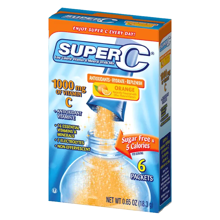 Singles To Go SuperC Orange, Orange SuperC flavored water, Orange flavored water, orange water packets