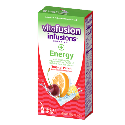 VITAFUSION INFUSIONS Tropical Punch Singles To Go, VITAFUSION INFUSIONS Tropical punch flavored water, Tropical punch singles to go, tropical punch powdered drink mix, tropical punch water flavor packets