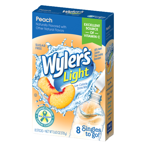 Wyler's Light Singles to go Peach 8 Ct, Wyler's Light Peach drink mix, peach flavored water with vitamin c, peach water packet mix, sugar free peach flavored water